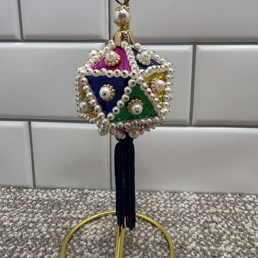 Vtg Christmas Ornament Geometric Push Pin Beaded Foil Faux Pearl w Tassel - Picture 4 of 10